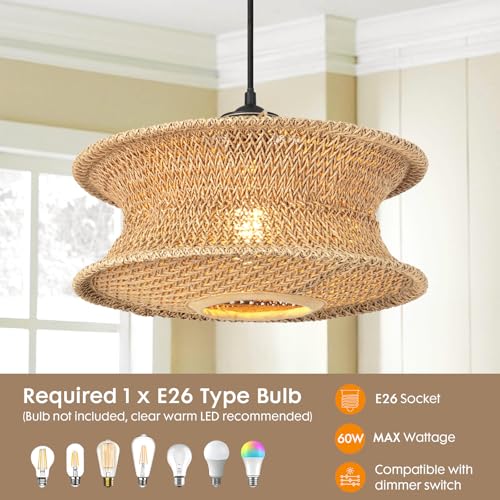 13" Boho Rattan Pendant Light Fixture, Hand Woven Hanging Ceiling Lamp for Kitchen Island, Dining Room, Entryway, Small Rustic Natural Woven Lighting