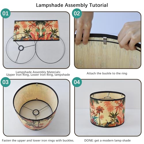 Bamboo Lamp Shade With Tropical Plants Chandelier Covers, Bohemian Farmhouse Drum Lamp Shade for Table Lamp Floor Lamp, Rustic Rattan Light Fixture for Bedroom Living Room (16x16x10 inch) - color: color3, size: 16*10