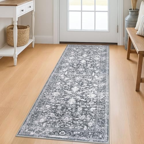 KILOCOCO Hallway Runner 2x5 Kitchen Runner Rug Printed Vintage Floral Washable Non-Slip Runners for Hallways Laundry Room Rugs Distressed Boho Rug Runners for Bedroom, Grey - color: Grey/White, size: 2' x 5' (Runner)