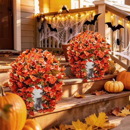 Bougainvillea Artificial Flowers Plants for Outdoors Outside Fall Autumn Decor, 2 pcs Faux Silk Long Trailing Vines UV Resistant Look Real Orange Fake Flowers for Front Door Porch Planter Urn Patio - color: Fall Orange