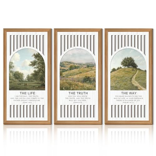 TOARTi 3Pcs Rustic Christian Wall Art Vintage Bible Verse Wooden Hanging Sign The Way The Truth The Life Wall Decor John Psalm Scripture Artwork Modern Religious Village Landscape Wall Art - color: Christian Wooden Wall Art, size: 8"L x 16"W