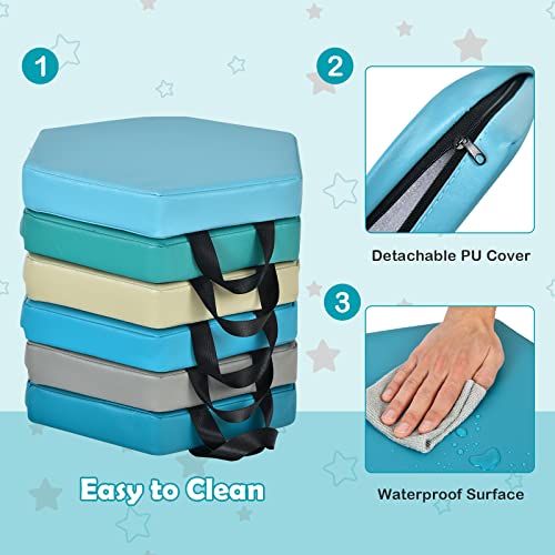 Costzon 6-Piece 15 inch Kids Floor Cushion, 2" Thick Waterproof Daycare Preschool Hexagon Foam Cushion with Handle for Toddlers, Soft Flexible Seating for Classroom, Home, Kindergarten or Nursery - color: Contemporary, size: 15'' x 13.5'' x 2'' (Hexagon)