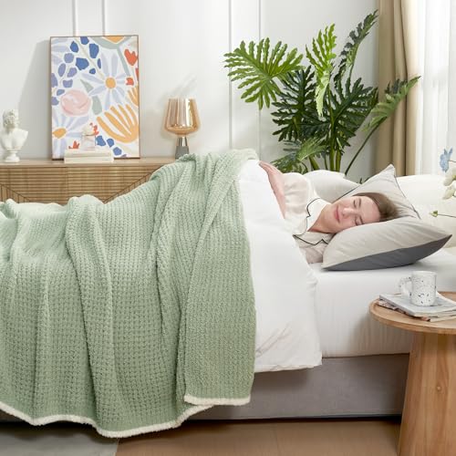 Snuggle Sac Sage Green Waffle Bedding Blankets Queen Size 90x90 inches, Reversible Microfiber Fluffy Fuzzy Soft Throw Cozy Knit Blanket for Women Mothers Birthday Gifts - color: Waffle Sage Green, size: Queen(90"x90")