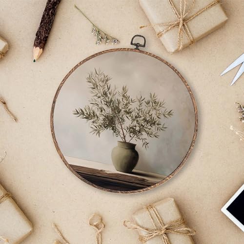 Lengues Vintage Olive Branch Round Wall Art, Pottery Still Life Round Wall Decor, Neutral Modern Organic Canvas Framed Art Prints, Cottagecore Olive Tree Hanging Frame for Home Room Decor 10x10 Inch