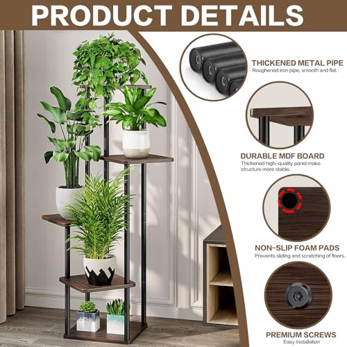 5 Tier Plant Stand Indoor, Thickened Metal Wood Corner Plant Shelf Stands for Multiple Plants, Indoor Tall Plants Stand Tiered Flower Holder for Living Room Patio Garden Balcony(Black+Oak) - color: Black+Oak, size: 5 Tier