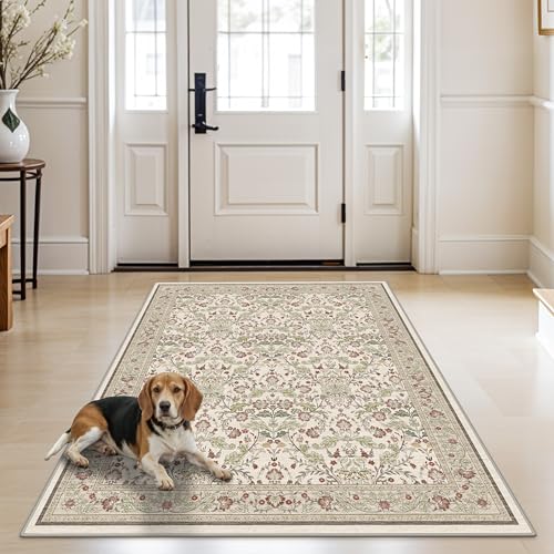 4x5 Rug Entryway Washable: Non-Slip Floral Area Rug for Bathroom Kitchen- Farmhouse Low Pile Stain Resistant Carpet Long Thin Front Door Mat (4x5 Off-White/Green/Multi) - color: Off-white, size: 4' x 5' (Rectangular)