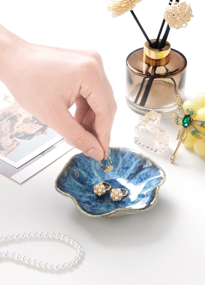 Lotus Leaf Shape Ring Holder Dish, Small Key Bowl, Ceramic Trinket Tray Jewelry Dish Organizing Necklace Earrings for Mom Friend Sister. All Jewelries Are NOT Included. Light Blue. - color: Light Blue-Lotus