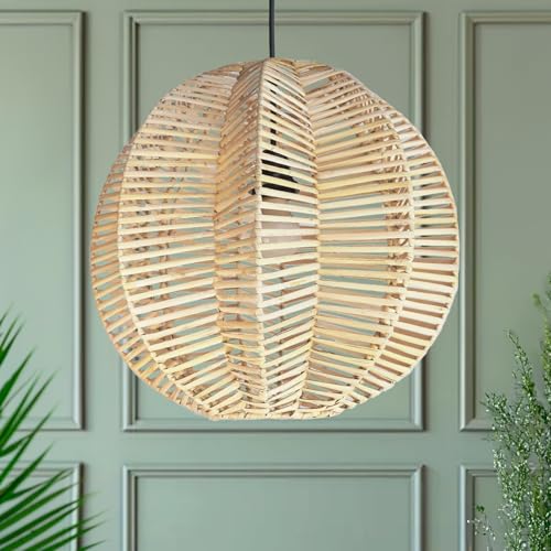 FOREVER BAMBOO Indonesian Hand-Woven Natural Rattan Pendant Light Fixture Circle Shape Woven Wicker Lampshade Chandelier Interior Decor, 15 in H x 15 in W - style: Bali Wave