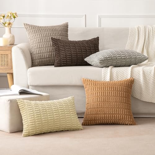MIULEE Pack of 2 Corduroy Decorative Throw Pillow Covers 16x16 Inch Soft Boho Striped Pillow Covers Modern Farmhouse Home Decor for Sofa Living Room Couch Bed Brown - color: Brown, size: 16" x 16" (Pack of 2)