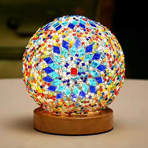 Table Lamp Vintage Turkish Mosaic Lamp Colorful Bohemian Night Light USB Power Colorful Glass Table Light for Light Ethnic Home Decor Halloween Decoration Party Mood Lighting(Boho-Blue, Boho) - style: Bohemian