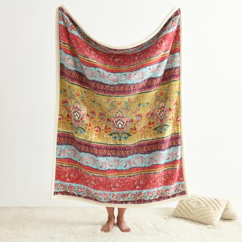 Boho Chic Sherpa Throw Blanket - Vibrant Bohemian Print & Ultra-Soft Cozy Lining, Stylish & Warm Winter Throw for Couch, Bed, or Décor - color: Boho-red, size: 50" x 60"
