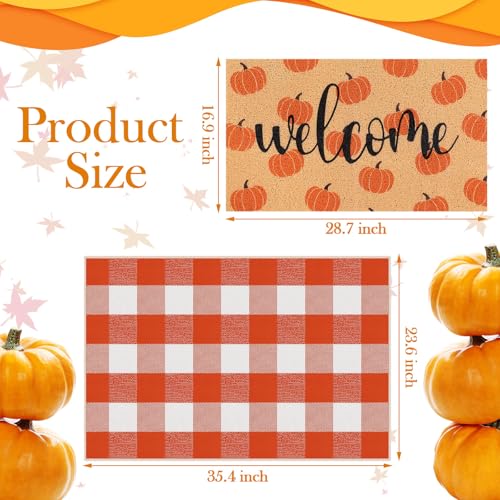 Moucuny 2 Pcs Fall Doormat Pumpkin Welcome Door Mat Outdoor Autumn Non Slip Coir Front Door Mat Orange and White Plaid Checked Rug for Fall Thanksgiving Indoor Outdoor Porch Entrance Layering Decor - style: Pumpkin