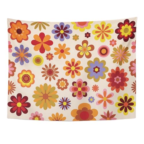 TOMPOP Tapestry 1960 Vintage Flowers 60S 70S Orange Hippie Home Decor Wall Hanging for Living Room Bedroom Dorm 60x80 Inches - size: 80"L x 60"W