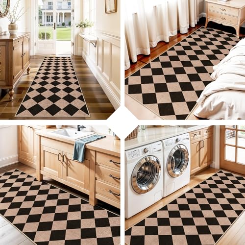 2x6 Jute Woven Runner Rug: Non-Slip Backing Diamond Pattern - Easy Clean Carpet for Hallway Kitchen - Washable Thin Indoor Rugs for High Traffic Areas Farmhouse Home Decor (Black/Brown,2x6) - color: Black/Brown, size: 2' x 6' (Rectangular)
