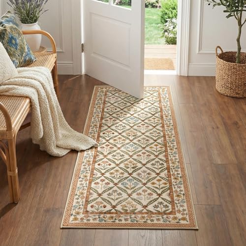 jinchan Haden Runner Rug 2x5 Vintage Floral Washable Hallway Rug for Entrance Kitchen Soft Non-Slip Low Pile Bedside Laundry Room Cottage Warm Indoor Decor Terracotta - color: Terracotta, size: 2' x 5' (Runner)