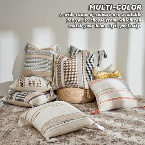 AmHoo Set of 2 Chenille Striped Textured Boho Throw Pillow Covers Aesthetic with Tassels Woven Decorative Pillow Case for Couch Bed Sofa Bedroom Modern Funky 18 x 18-Inch Grey White - color: Grey White, size: 18" x 18" (Pack of 2)