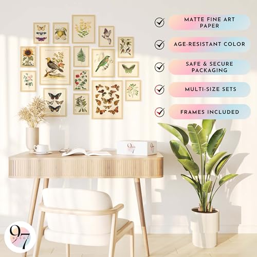 97 Decor FRAMED Vintage Botanical Wall Art Decor - Large Plant Posters For Room Aesthetic, Vintage Botanical Prints Nature Wall Decor, Floral Pictures Butterfly Bird Art For Home Bedroom (BEIGE FRAME) - size: FRAMED