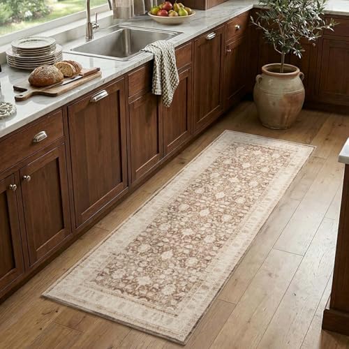 jinchan 2x6 Washable Vintage Runner Rug, Distressed Traditional Floral Kitchen Runner, Soft Low-Pile Non-Slip Floor Mat High-Traffic Aisle Hallway Rug for Entryway Laundry Room Bathroom, Taupe - color: Oriental Taupe, size: 2' x 6' (Runner)
