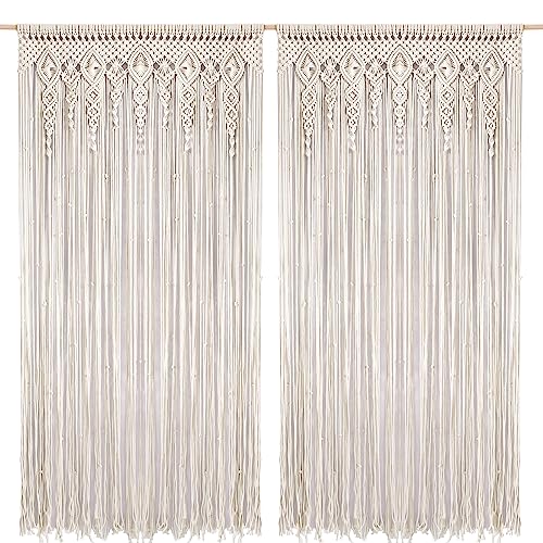 Foreate Macrame Curtains Long Cotton Macrame Wall Hanging Boho Beaded Curtain for Window Doorway Handmade Wedding Backdrop Room Divider, 2 Panels 79" L x 35" W - size: 35.5"W x 79"L (Pack of 2)
