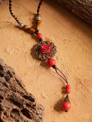 MINACHI Vintage Bohemian Colorful Ceramic Bead Antique Flower Y Necklace, Vintage Boho Hippie Statement Jewelry Gift for Women - color: S07B