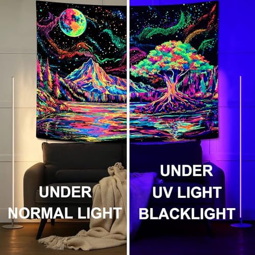 Zussun Blacklight Mountain Forest Tapestry Hippie Tree of Life Tapestries for Bedroom Aesthetic Glow in The Dark Moon and Stars Tapestry Wall Hanging for Living Room Dorm 48 × 36 Inch - color: Colorful Lake, size: 48"L x 36"W