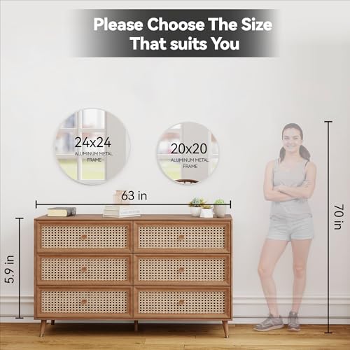 SCWF-GZ 24" Round Mirror Circle Wall Mounted Hanging or Against Wall Aluminum Alloy Metal Frame Dressing Make-up Mirrors for Entryway Bedroom Bathroom Living Room 24 inch Silver - color: Silver, size: 24"L x 24"W
