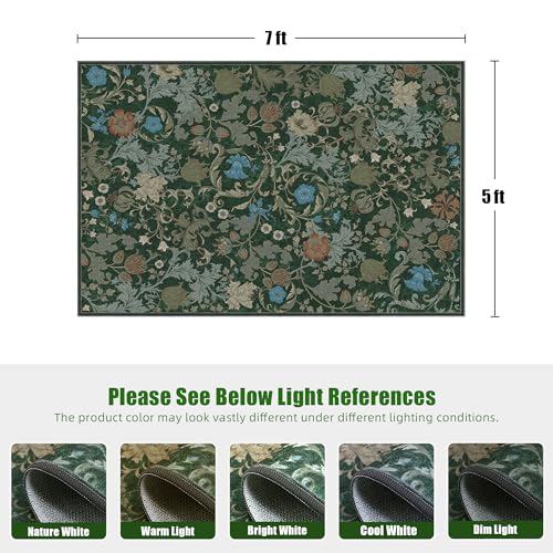 Forest Green Floral Area Rug 5x7 for Living Room, Washable Vintage Farmhouse Botanical Rug, Non Slip Low Pile Thin Floor Carpet, Soft Decorative Rug for Bedroom Dining Room Home Office - color: Green, size: 5'x7'