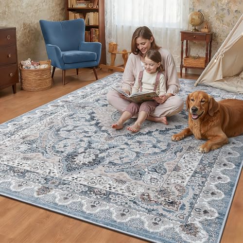Foxmas 5x7 Area Rugs for Living Room, Machine Washable Vintage Rug, Non-Slip Low Pile Throw Rugs with Rubber Backing Washable Carpet for Bedroom Dining Room Kitchen Home Decor, Blue - color: Blue, size: 5' X 7' (Rectangular)