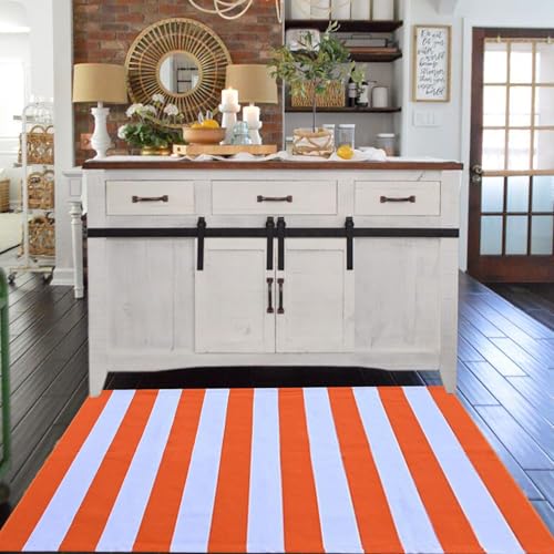 CAINANEL Fall Outdoor Rug Orange and White Striepd Rug 3' x 5' Front Door Mat Halloween Thanksgiving Fall Autumn Home Decor, Layerd Welcome Doormat for Front Porch Decor, Front Door, Farmhouse Decor - color: Orange and White, size: 3' x 5' (Rectangular)