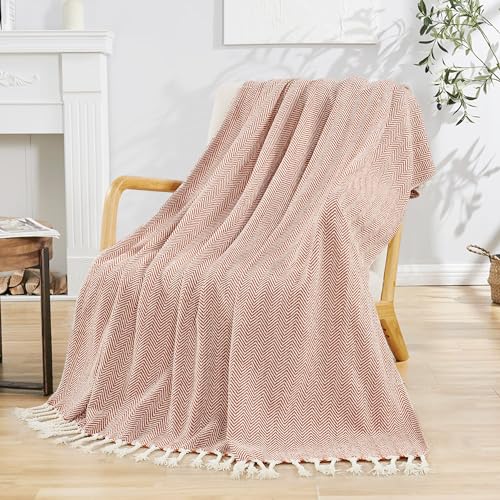 Herringbone Knitted Two Tone Throw Blankets with Braided Tassel Fringe, Boho Farmhouse Lightweight Turkish Throw Blanket for Couch Bed Sofa, Picnic, Yoga, Outdoor Blanket, 50 x 60 Inch, Rust Orange - color: Rust Orange