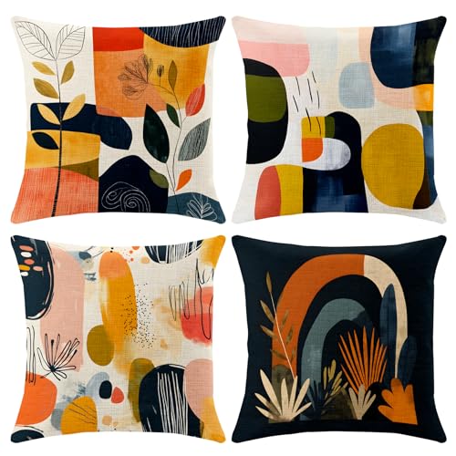 BVBOX Set of 4 Linen Throw Pillow Covers 18"x18", Soft Flax Scandinavian Abstract Boho Decorative Pillow Cases, Double-Sided Abstract Botanical Pillow Covers for Bed, Sofa, Couch, Living Room, Bedroom - color: Colorful Geometry 1