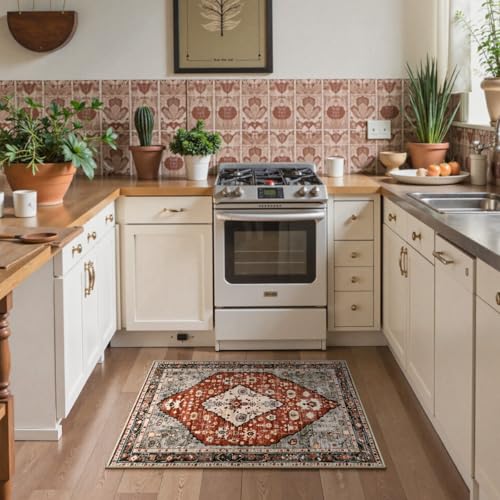 Lahome Felice Boho Tribal Area Rug - 2x3 Small Red Oriental Entryway Rugs for Bedroom, Soft Washable Non Slip Bathroom Mat Indoor Throw Carpet for Laundry Room Foyer Bedside Living Room - color: Red, size: 2' x 3' (Rectangular)