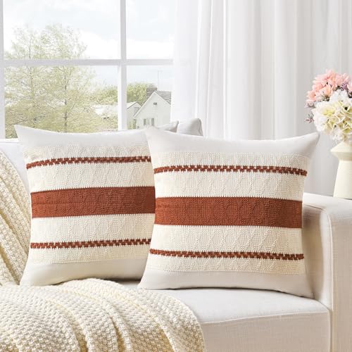 Fancy Homi Set of 2 Rust Boho Decorative Throw Pillow Covers 16x16 Inch for Couch Bed Sofa, Aesthetic Modern Organic Fall Room Decor, Soft Cotton Cute Terracotta Textured Farmhouse Cushion Case - color: Rust, size: 16" x 16" (Pack of 2)
