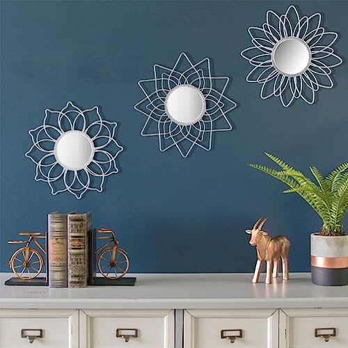 Silver Mirrors for Wall, 9 inch Metal Flower Mirrors Home Valentine Decoration, Valentine Wall Art Decorative Mirror Small Mirror for Living Room Bedroom, Entrance Set of 3 - color: Silver- B
