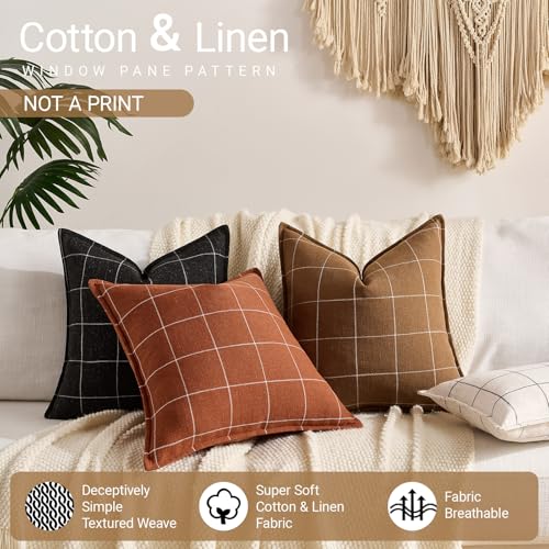 Farmhouse Dark Brown Plaid Throw Pillow Covers 20x20 Set of 2, Brown Boho Decor 20 x 20 Check Pillow Covers, Modern Farmhouse Tan Plaid Room Decor Cushion Covers for Home Sofa (No Pillow Insert) - color: Brown Plaid Set of 2, size: 20" x 20" (Pack of 2)