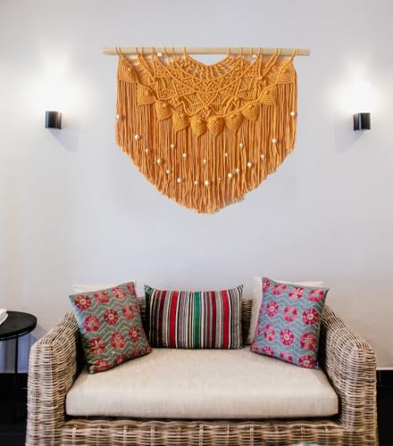 Youngeast Large Macrame Wall Hanging Boho Beaded Curtain for Window Macrame Bedroom Headboard Living Room Wall Art Tassel Tapestry Bohemian Woven Wall Decor 31" W X 25" H (Orange) - color: Orange
