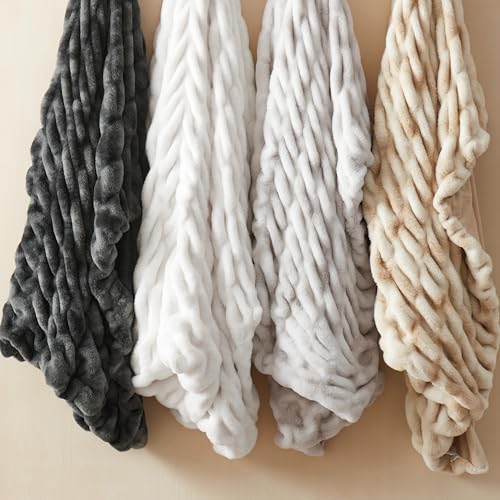 WDCOZY Ruched Faux Fur Throw Blanket Soft Cozy Fluffy Luxurious Blankets Couch Bed Sofa Chair Home Decor Warm Furry Fall Winter Plush Rabbit Fur Bubble Blanket 50" x 60", Grey - color: Grey, size: Throw (50" x 60")