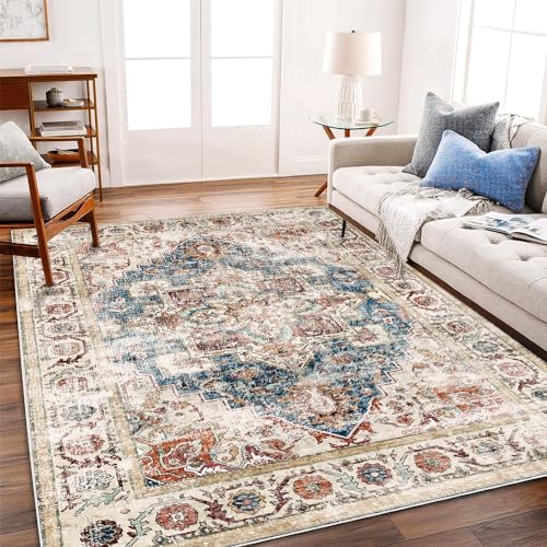 CHAMPLANT Washable Area Rug 5'x7' for Living Room Retro Beige Blue Boho Chic Medallion Distressed Design Indoor Non-Slip Large Persian Oriental Accent Throw Rug for Kitchen Bedroom Office Carpet - color: Beige and Blue, size: 5' x 7' (Rectangular)