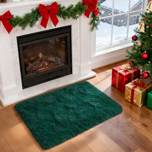 Merelax Fluffy Shaggy Area Rug, Deep Green 2x3 Small Rugs for Fireplace Christmas Holiday Decor, Mini Fuzzy Plush Throw Rug, Soft Non-Slip Entryway Rugs Shag Catpet for Livingroom Home Aesthetic - color: Deep Green, size: 2' x 3' (Rectangular)