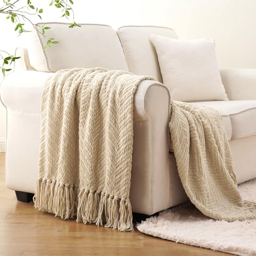 BATTILO HOME Beige Throw Blanket for Couch, Knitted Beige Throw for Bed, Neutral Throw Blankets Tan Throw Blanket for Room Decor Housewarming Gifts, 50" x 60" - color: Beige, size: 50"x60"
