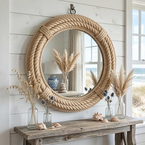 12" Inch Round Rustic Farmhouse Boho Shabby Chic Wall Hanging Mirror with Natural Jute Rope Decor Accent for Entryway, Bedroom, or Living Room (Color 4) - color: Color 4