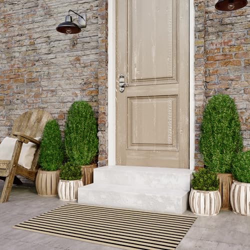 LEEVAN Black and White Front Door Rug 2.3x3.6, Striped Outdoor Rug Washable Welcome Layered Door Mats, Woven Front Porch Decor Indoor Entrancet Dooramts - color: Black and Tan, size: 2'4" x 3'7" (Rectangular)
