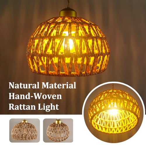 Boho Rattan Pendant Light, Adjustable Hanging Light Fixture with Natural Woven Shade, E26 Base Compatible for Kitchen Island, Bedroom, Living Room (Bulb Not Included) - color: 7.5”hemispherical shaped