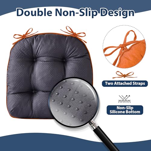 IASEAHK Chair Cushions for Dining Chairs, Seat Cushions for Kitchen Chairs, Indoor Seat Cushions with Ties, Tufted Foam Chair Pads, Non Slip Chair Cushions Set of 4, 15.5" x 15.5" x 4", Orange - color: Orange, size: Pack of 4