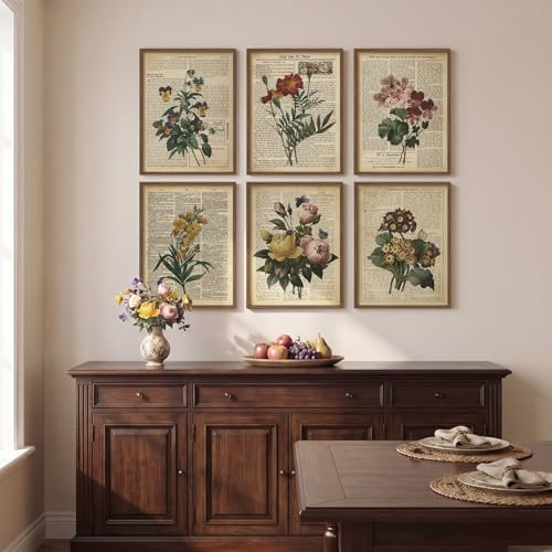 Framed Vintage Floral Wall Art, Set of 6 Colorful Flower Canvas Prints, Rustic Farmhouse Botanical Artwork for Bedroom Living Room Kitchen Dining Room Hallway Office Apartment Home Decor, 11x14 Inch - color: Retro Floral - Walnut Framed, size: 11" W x 14"