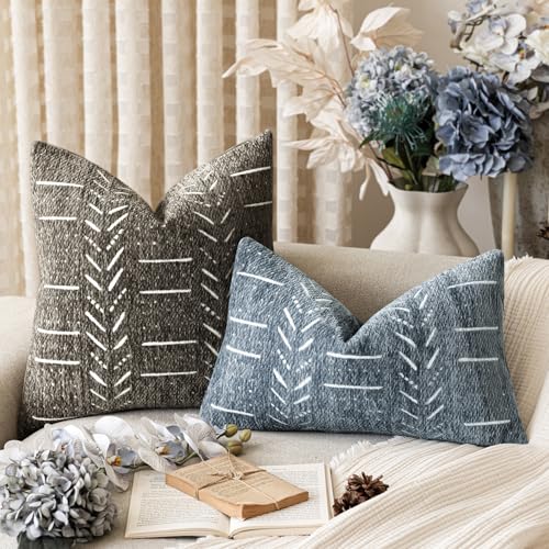 Home Décor Decorative Boho Chenille Throw Pillow Covers,Neutral Lumbar Cushion Covers,Textured Soft Farmhouse Pillowcase for Couch Sofa Chair Bed Living Room,12×20 Inch, Set of 2, Dusty Blue - color: Dusty Blue, size: 20" x 12" (Pack of 2)