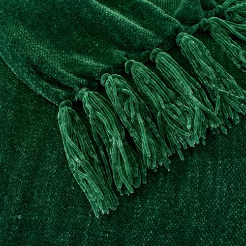 Chenille Throw Blanket for Couch with Tassels,50"X60" Soft Cozy Lightweight Knitted Boho Decorative Blankets for Bed and Sofa,Dark Green - color: Dark Green, size: 50"x60"