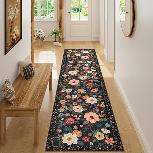 DUKINO 2x8 Runner Rug for Hallway, Washable Kitchen Runner Rug with Rubber Backing Non Slip, Low Pile Soft Boho Floral Thin Carpet for Entryway, Hallway, Bathroom, Laundry Room, Black - color: Black, size: 2' x 8' (Rectangular)