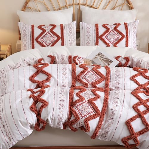Herside 100% Cotton Boho Duvet Cover Set Queen Size,Shabby Chic Aztec Western Brick Red Tufted Bedding,Farmhouse Luxury 3 Piece Textured Quilt Duvet Set for All Season Home Decor - color: Brick Red, size: Queen(No Comforter)