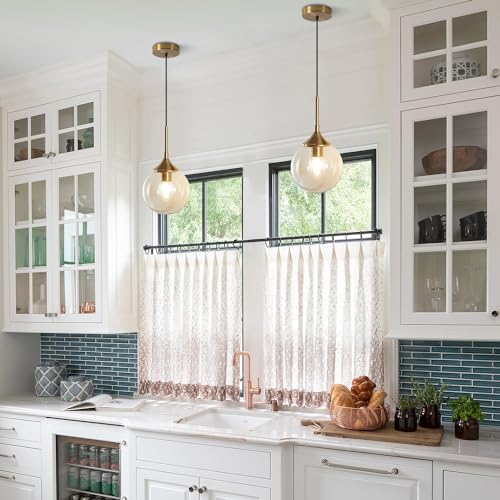 KCO Lighting Mid Century Modern Kitchen Island Pendant Lighting Gold 1-Light Amber Glass Globe Pendant Light Brushed Brass Large Living Room Pendant Light Fixture (2 Pack) - color: Gold+Amber-2PC